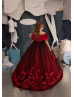 Off Shoulder Beaded Red Velvet Lace Tulle Gorgeous Flower Girl Dress